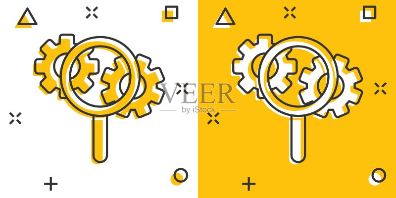 带齿轮图标的放大镜,漫画风格图标素材