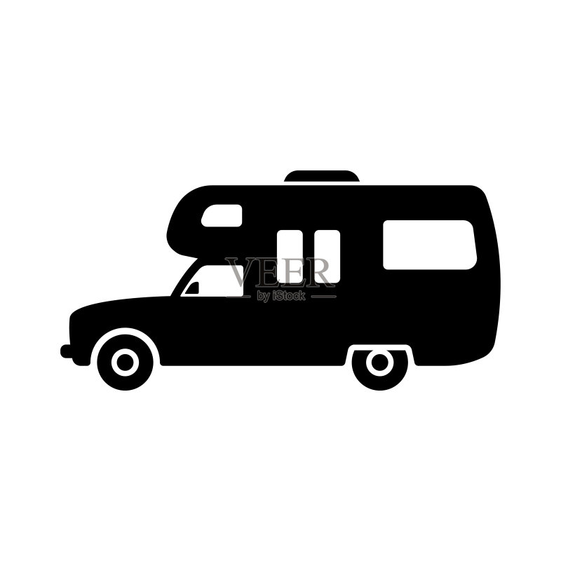 房车图标。露营车,大篷车。黑色轮廓。侧视图。矢量扁平图形插图。白色背景上的孤立对象。图标素材