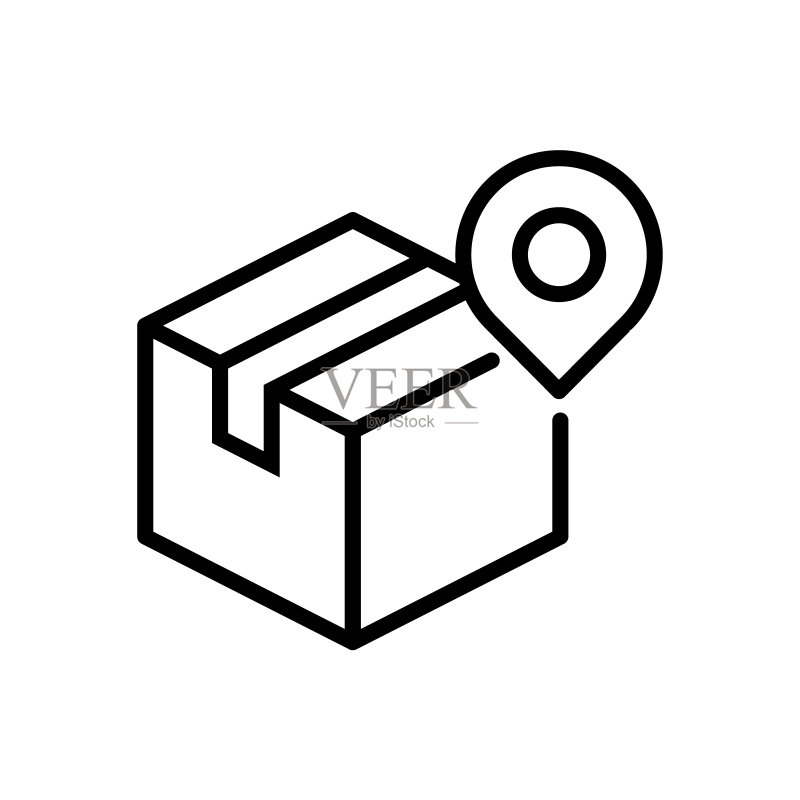 带有地图标记的纸板箱:订单跟踪符号,带地图图钉的配送箱图标素材