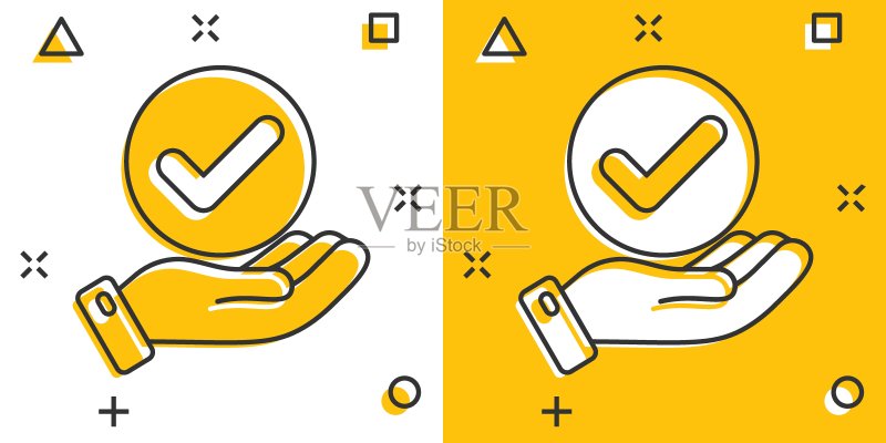 人们手持漫画风格的勾选标记图标。接受卡通矢量插图,白色隔离背景。批准选择飞溅效果业务概念。图标素材