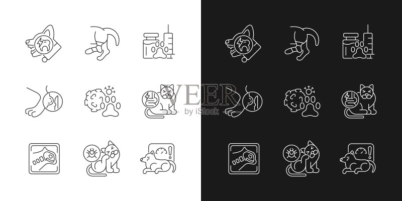 宠物身体损伤线性图标集(深色和浅色模式)图标素材