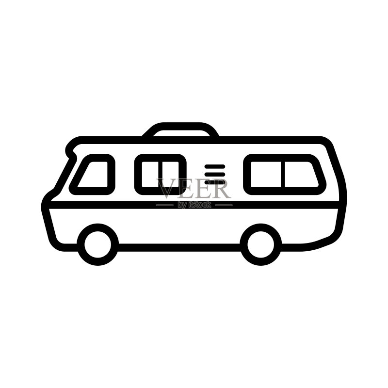 房车图标。露营车,大篷车。黑色轮廓线性剪影。侧视图。矢量扁平图形插图。白色背景上的孤立对象。图标素材