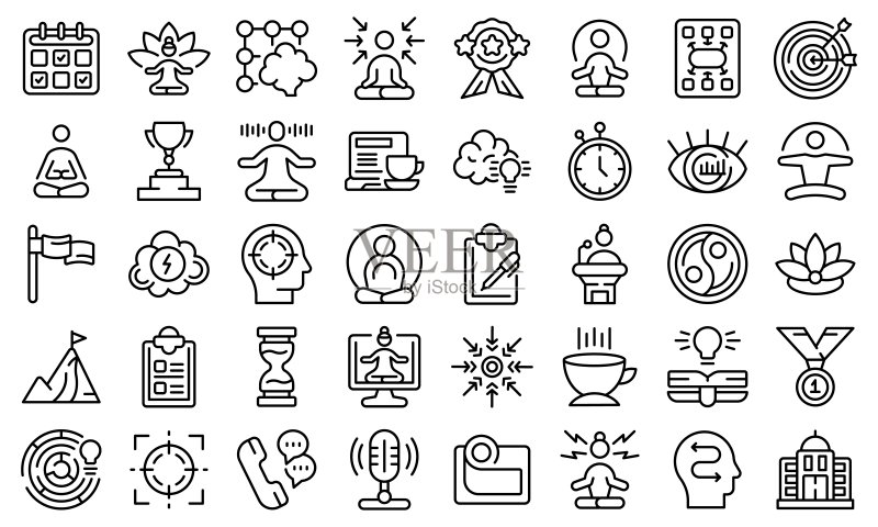 专注图标集轮廓矢量图:瑜伽冥想图标素材