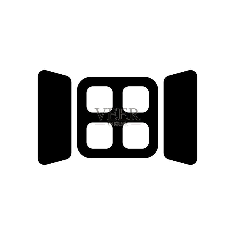 窗户图标,百叶窗,黑色轮廓,正面视图,矢量扁平插图,白色背景上的孤立对象图标素材
