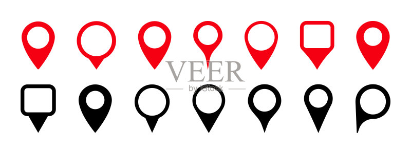 地图定位图钉图标矢量素材:GPS、地理位置和地点指示器,旅行路线目的地标记,红色和黑色图标,导航标识图标素材