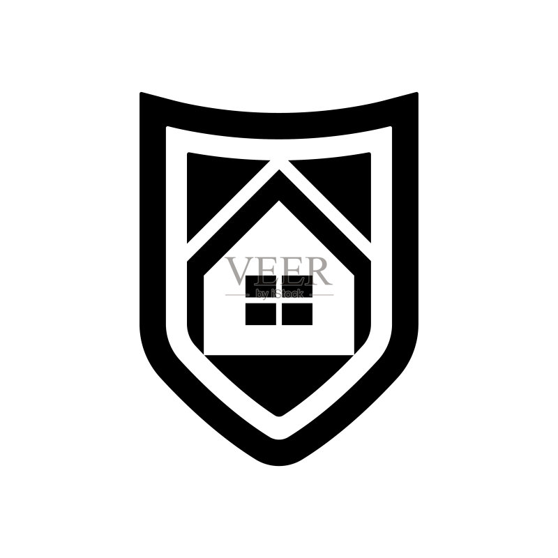 盾牌图标,带警报和家庭安全功能,黑色剪影,正面视图,矢量扁平图形插图,白色背景上的孤立对象图标素材
