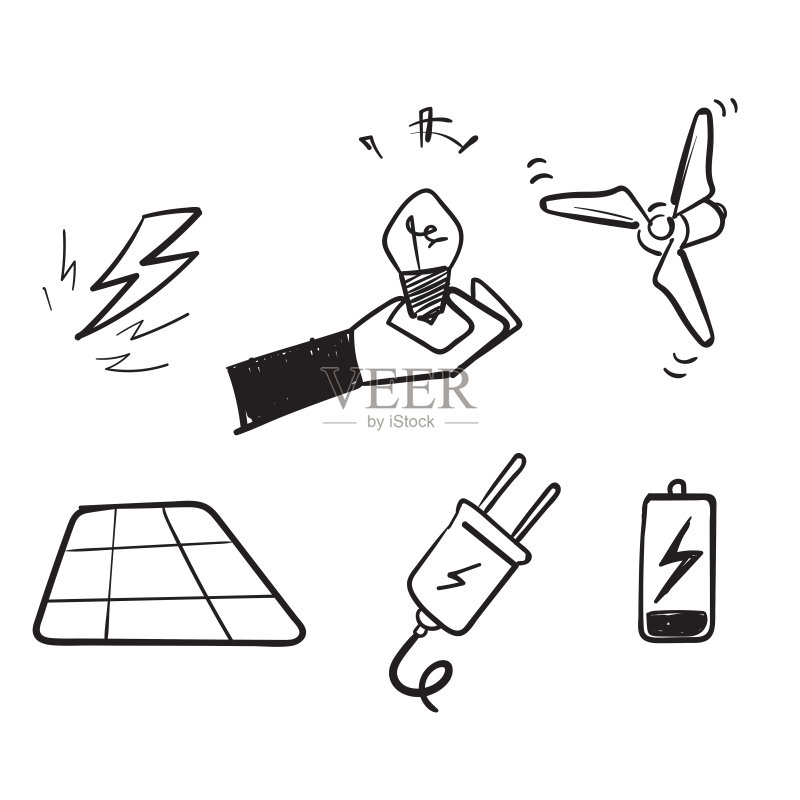 手绘涂鸦电力相关图标矢量插画图标素材