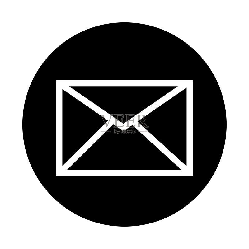 信封图标。白色标志。黑色圆圈。沟通概念。商业背景。矢量图。库存图片。图标素材