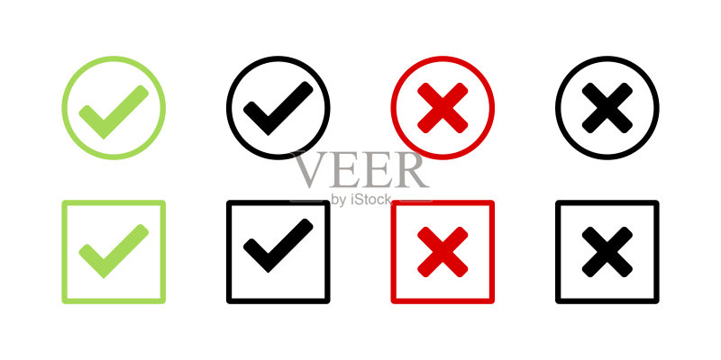 选中和叉号标记图标集。正确和错误,是和否符号。矢量EPS 10。隔离在白色背景上图标素材