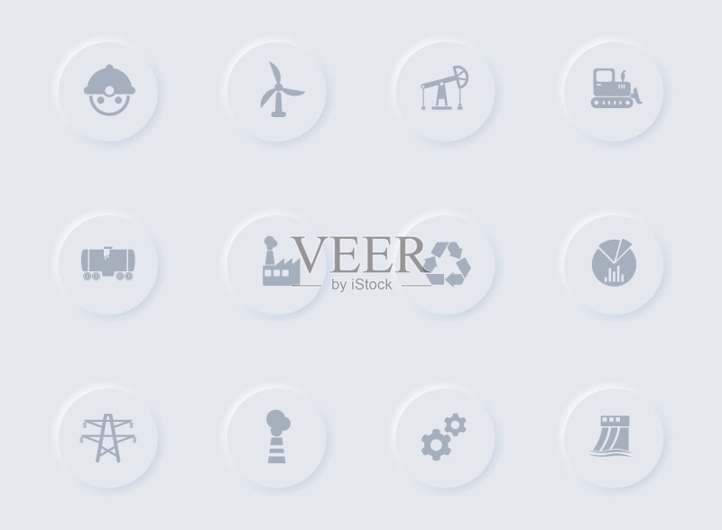 圆形橡胶按钮上的灰色工业矢量图标,适用于网页、移动应用、UI 设计和商业印刷图标素材