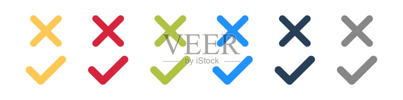 对勾叉号颜色图标合集。投票选择符号。包含对勾和叉号的正确错误清单矢量图图标素材