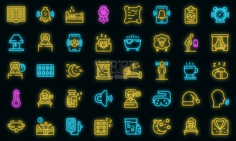 睡眠问题霓虹灯图标集矢量图图标素材