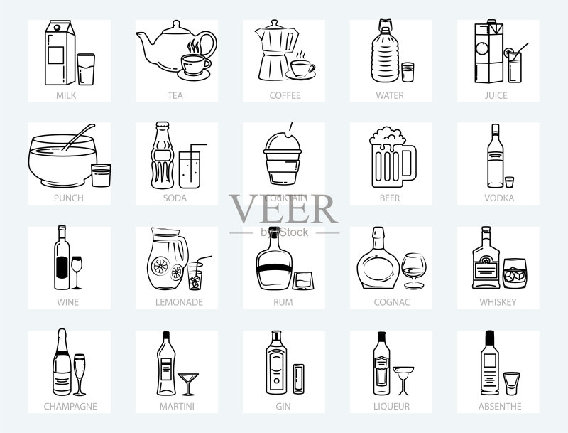饮品Web细线图标集:果汁、茶、咖啡、鸡尾酒、酒精、杜松子酒、马提尼、威士忌等图标素材