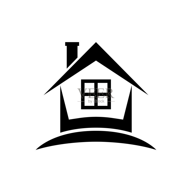 房屋图标,黑色轮廓剪影,正面视图,矢量扁平图形插图,白色背景上的独立对象图标素材