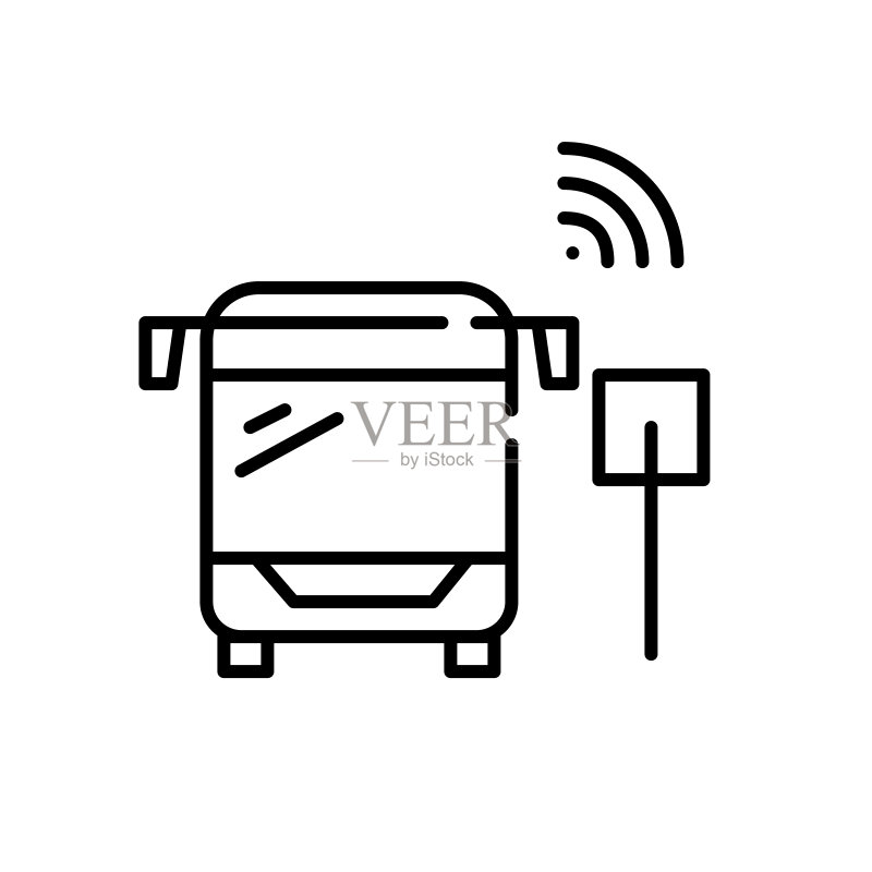 智能公共交通:公交车站带有无线传感器的公共汽车,像素完美可编辑描边图标图标素材