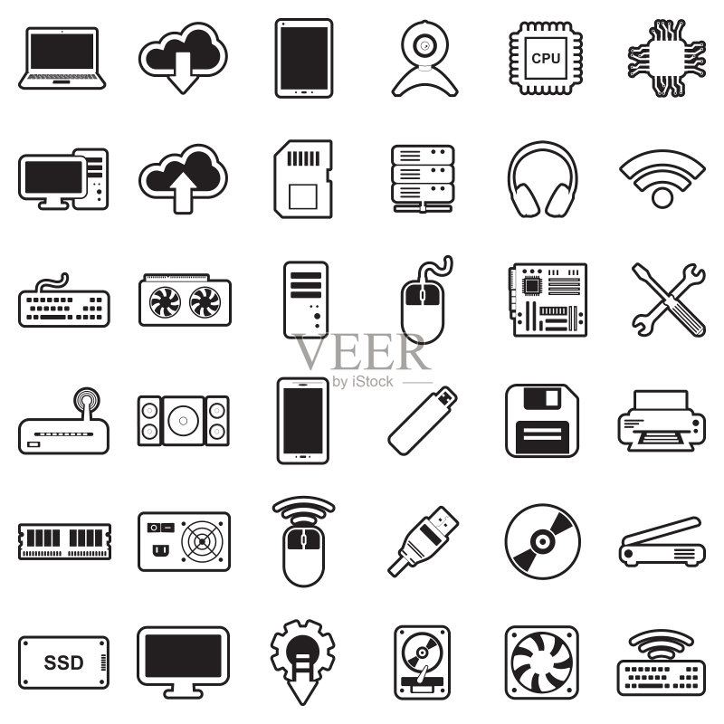 电脑硬件图标,线性填充设计矢量图图标素材