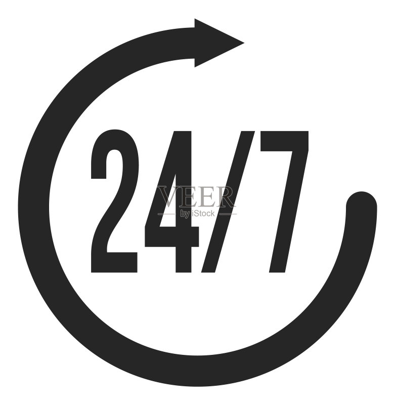 黑色圆形箭头中的24小时7天服务图标图标素材
