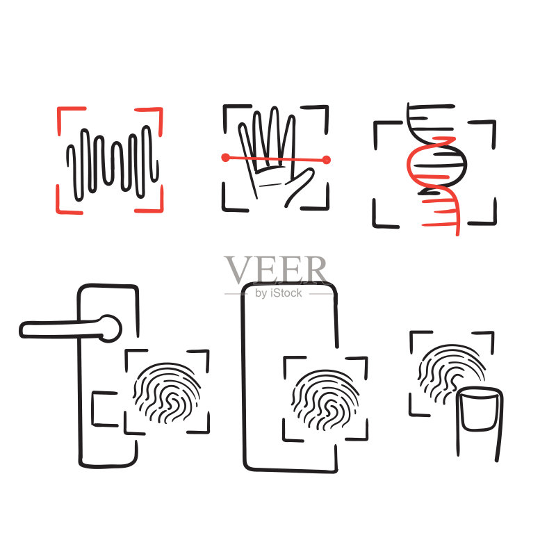 手绘涂鸦生物识别和身份验证图标符号插图图标素材