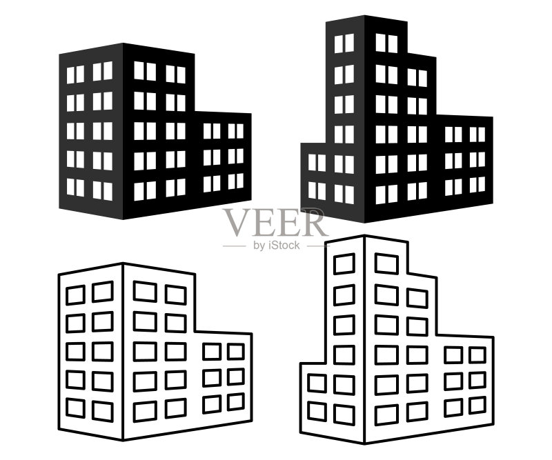 建筑物线条图标集:建筑概念,可用于办公室、城市、房地产等主题的矢量图图标素材