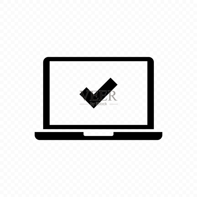 屏幕上带有对勾标记的笔记本电脑图标:用于商业和广告的矢量线条图标图标素材