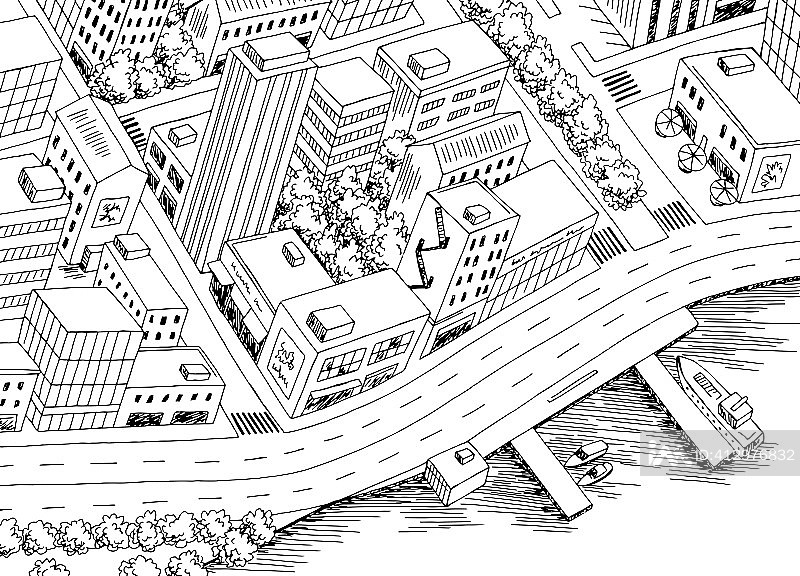 城市鸟瞰十字路口黑白素描矢量图插画图片素材