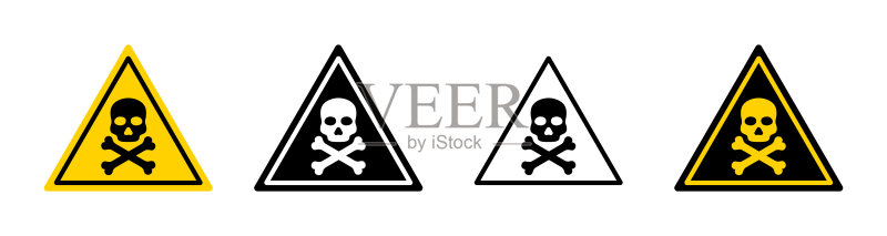 带骷髅头的危险标志:毒药、毒物、化学品和电力警告图标,死亡危险三角标志,谨慎、风险和危害轮廓标志矢量图图标素材