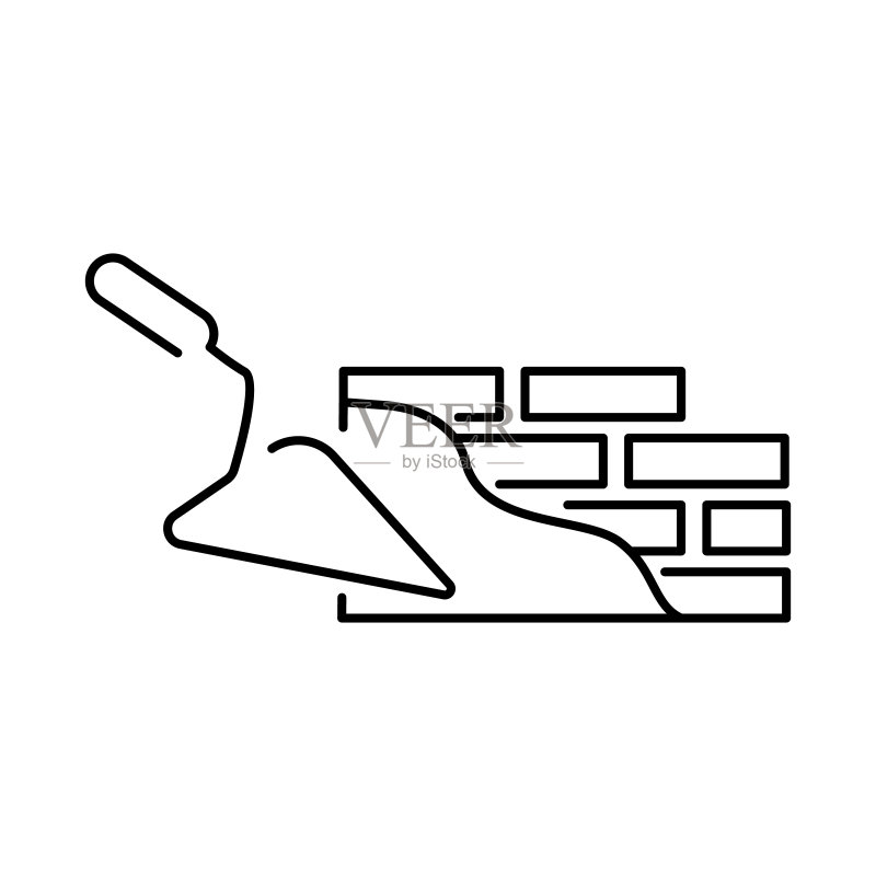 砖墙和建筑工匠的简约矢量线性素材:扁平线条图标、泥刀和墙体图标素材