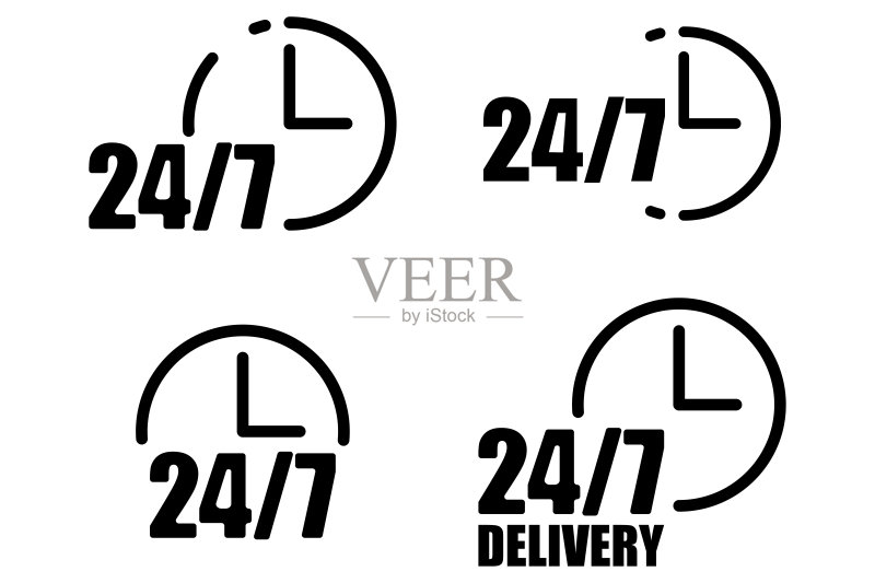 24/7配送图标:四个徽章、服务概念、时钟符号、箭头元素,矢量图图标素材