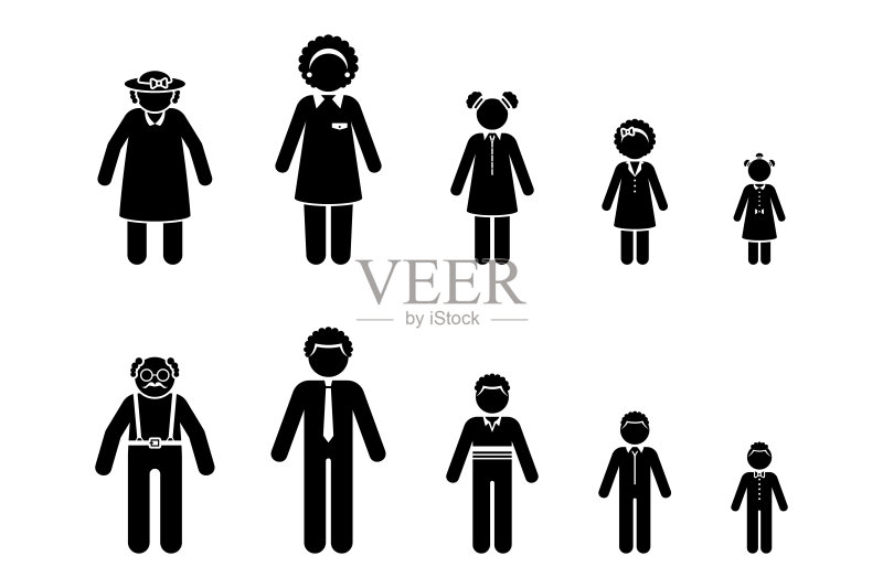 火柴人家庭正面站立矢量图标,祖父母、父母、孩子剪影图标素材
