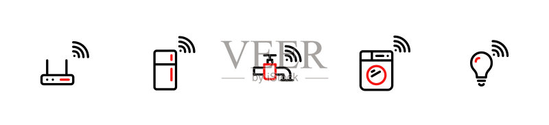 物联网:智能家居电器图标,WIFI路由器、冰箱等,可编辑描边图标素材