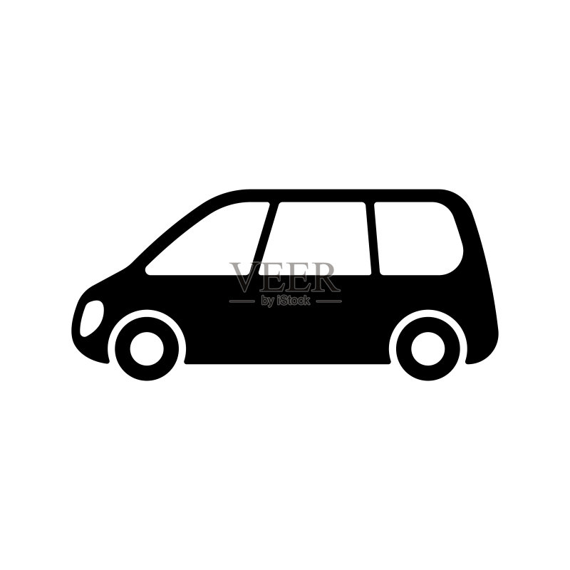 小型货车图标。小型客车。黑色轮廓。侧视图。矢量扁平图形插图。白色背景上的孤立对象。图标素材