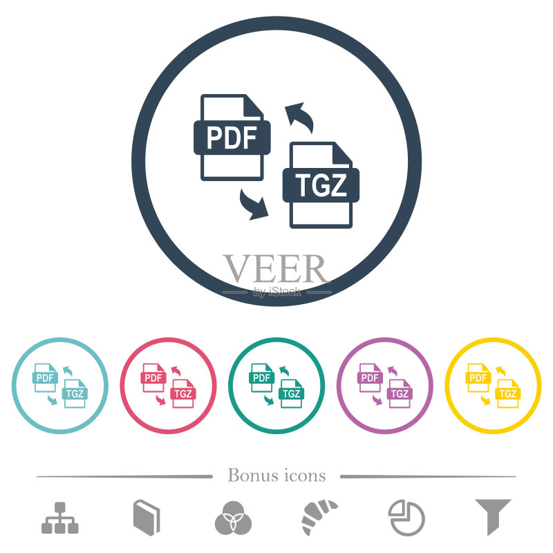 圆形轮廓中的PDF TGZ文件压缩扁平彩色图标图标素材