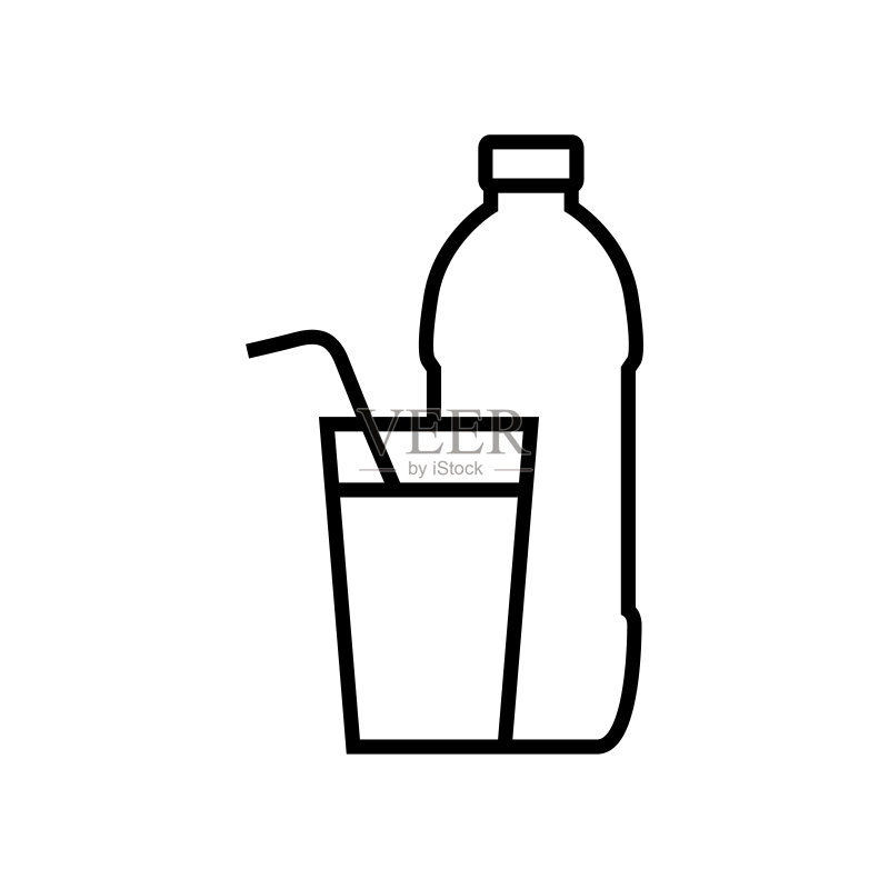 水瓶和玻璃杯线条图标,矢量轮廓logo,白色背景上隔离图标素材