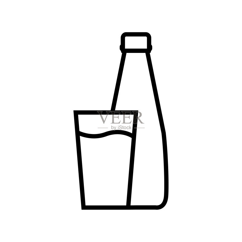 水瓶和玻璃杯线条图标,矢量轮廓logo,白色背景上隔离图标素材