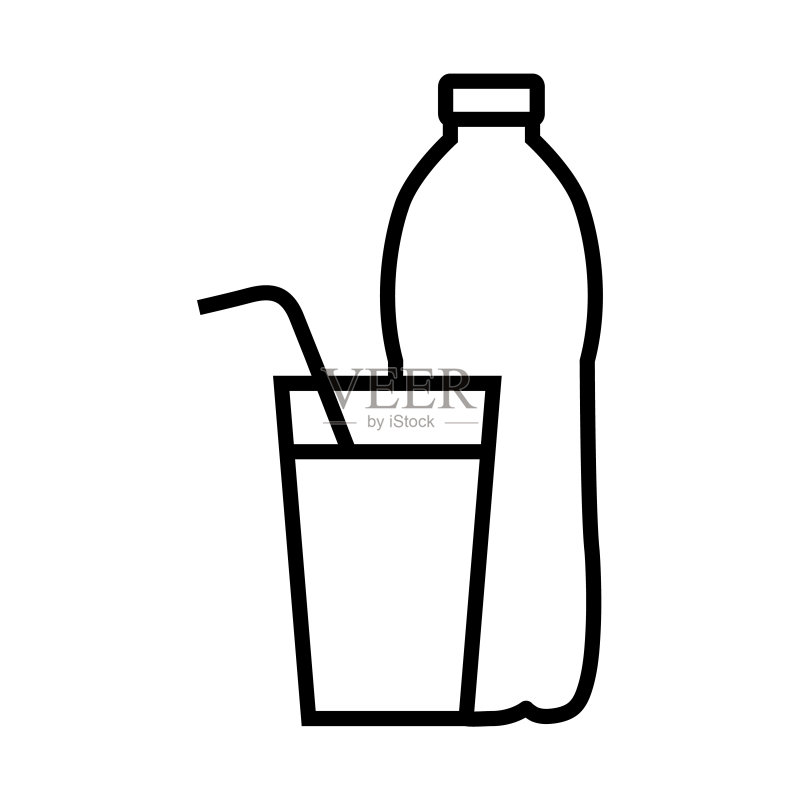 水瓶和玻璃杯线条图标,矢量轮廓logo,白色背景上隔离图标素材