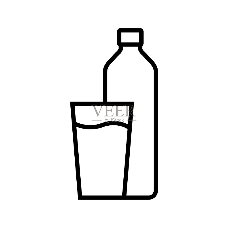 水瓶和玻璃杯线条图标,矢量轮廓logo,白色背景上隔离图标素材