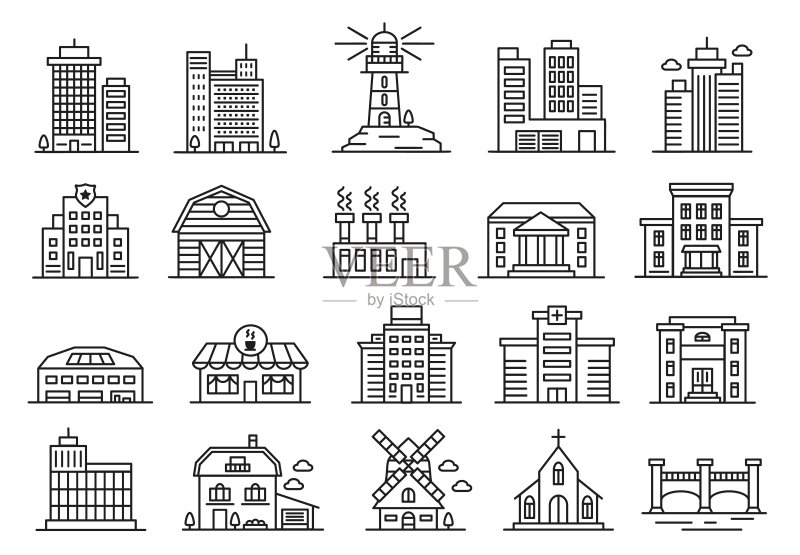 建筑线条图标,政府大楼、工厂、城市办公楼,住宅和工业建筑矢量集图标素材
