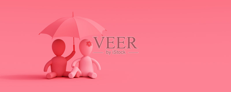 相爱的男孩和女孩站在雨伞下,情侣恋爱概念情人节背景3D渲染照片摄影图片