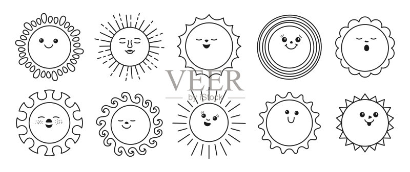 太阳表情涂鸦轮廓卡通人物面部可爱太阳趣味儿童矢量剪贴画图标素材