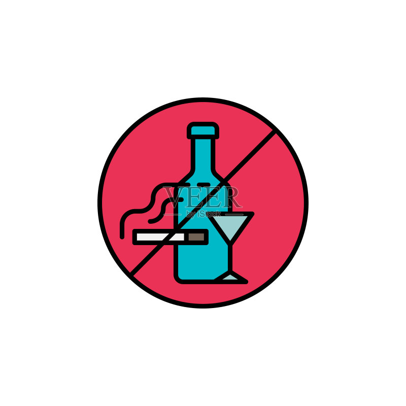 禁止吸烟和饮酒标志,线性图标,适用于手机概念和网页设计。禁止酒精和香烟矢量图标。医疗保健符号,插图。矢量图形图标素材