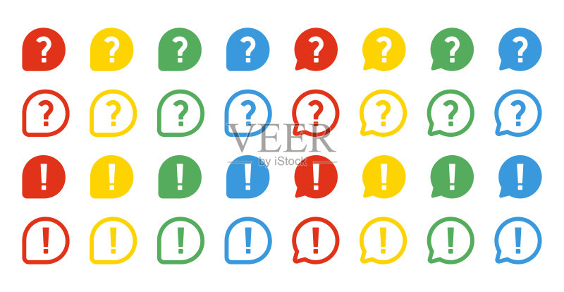 白色背景上的彩色问号和感叹号图标集矢量EPS 10图标素材