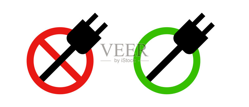 允许充电。禁止充电,允许充电。停止标志和插座的轮廓图标,圆形和插座。矢量。图标素材