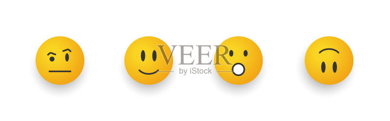 表情符号微笑卡通表情符号套装,带有惊叹表情的笑脸矢量插画图标素材