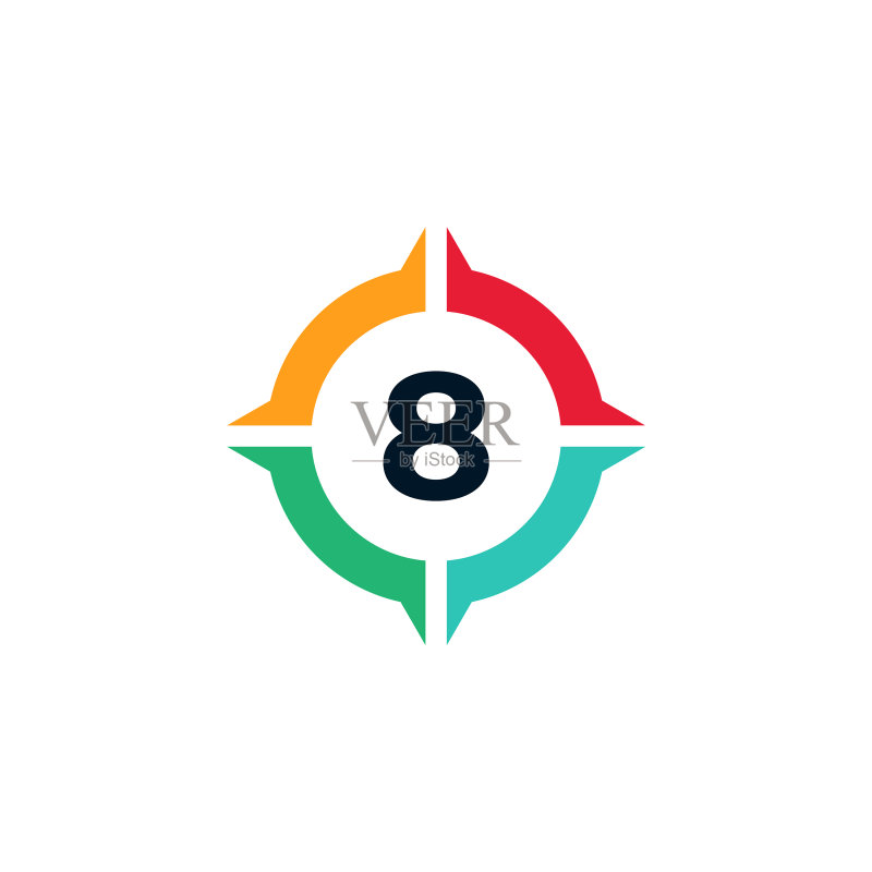 指南针标志设计中色彩鲜艳的数字8图标素材