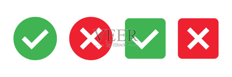 对勾叉号图标。绿色对勾和红色叉号标志。白色背景上隔离的正确错误矢量符号。圆形和方形框中的投票对勾。图标素材