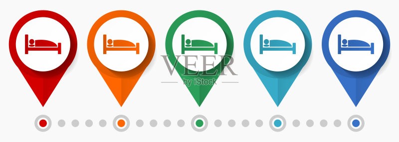 睡眠、床、酒店概念矢量图标集,扁平设计电话指针,信息图表模板图标素材