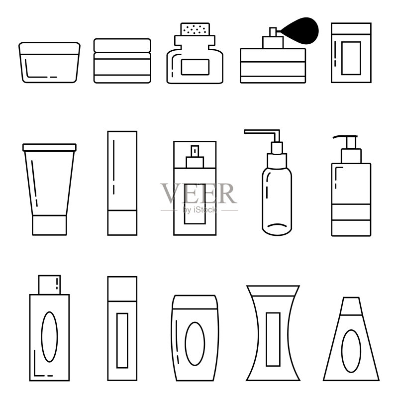 美容店细线图标集:护肤、乳霜、凝胶、有机化妆品、洗皂液分配器、护发、面油、洗发水图标素材