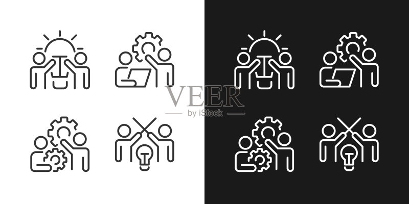 深色和浅色模式下的成功团队协作线性图标图标素材