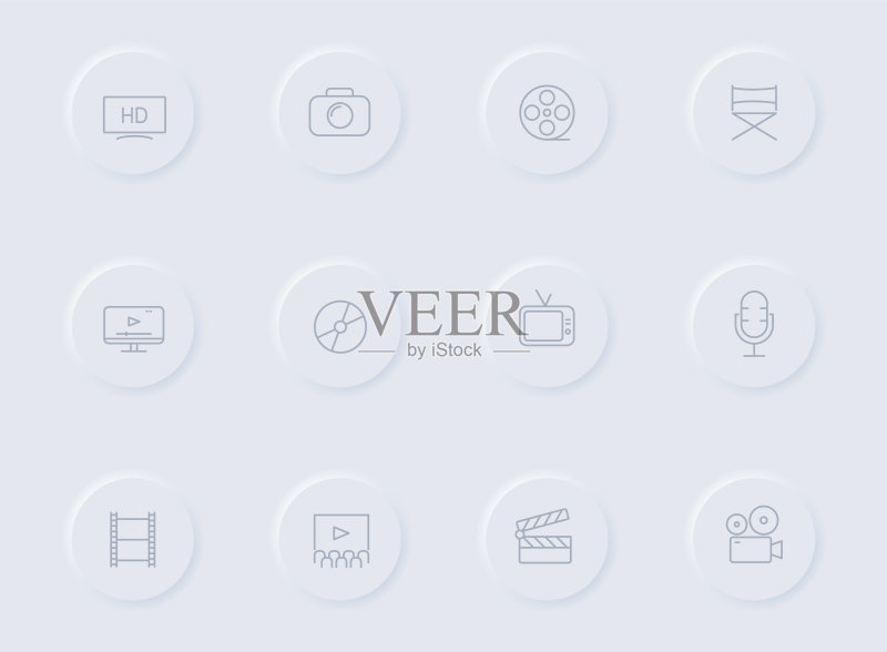 圆形橡胶按钮上的电影矢量图标。用于Web、移动App、UI设计和促销业务的电影图标集图标素材