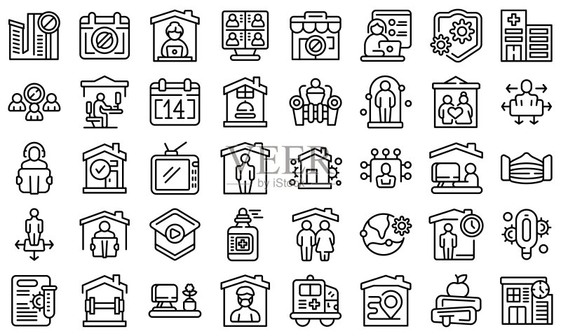 自我隔离图标集轮廓矢量图:居家图标素材